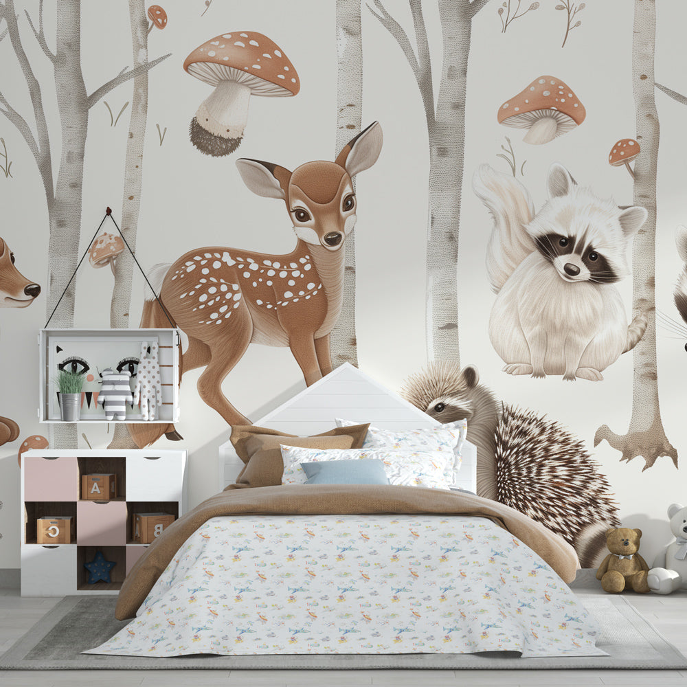 Woodland nursery featuring forest animals wallpaper with fawn and raccoons in natural tones