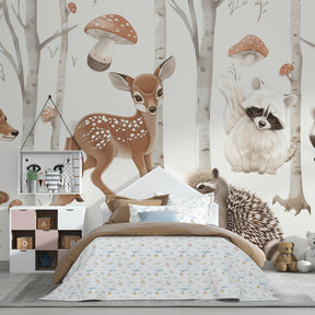 Woodland nursery featuring forest animals wallpaper with fawn and raccoons in natural tones