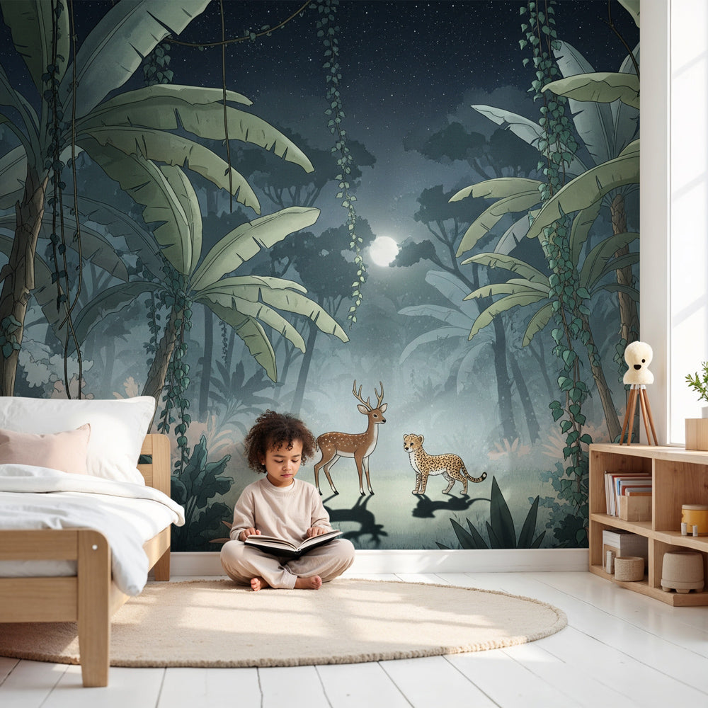 Forest animals mural wallpaper with deer and leopard in moonlit nursery by Kids-Mundo