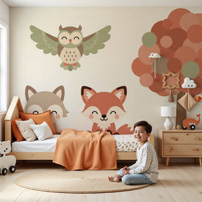 Forest animals mural wallpaper with foxes and owl decorating cozy nursery by Kids-Mundo