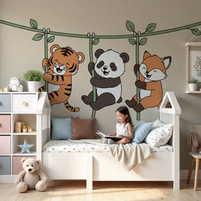 Forest animals mural wallpaper in modern nursery with tiger panda fox design by Kids-Mundo