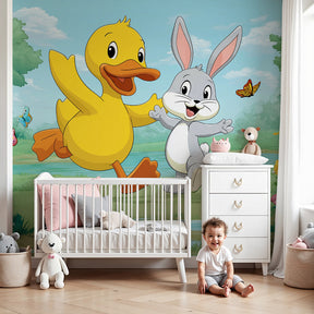 Forest animals mural wallpaper with duck and rabbit in modern nursery room by Kids-Mundo