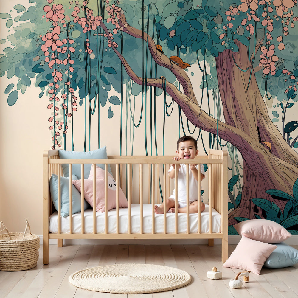 Forest animals mural wallpaper with majestic tree in serene nursery setting by Kids-Mundo