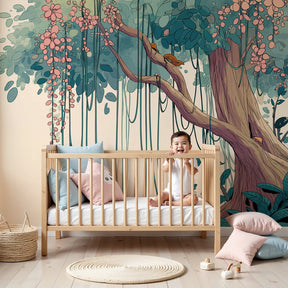 Forest animals mural wallpaper with majestic tree in serene nursery setting by Kids-Mundo