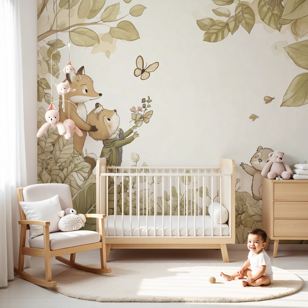 Forest animals mural wallpaper with fox and butterfly in cozy nursery room by Kids-Mundo