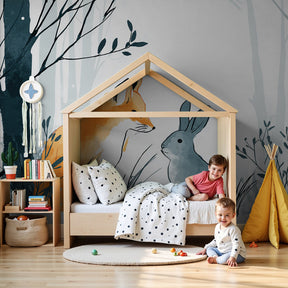 Forest animals mural wallpaper with fox and rabbit in cozy nursery setting by Kids-Mundo