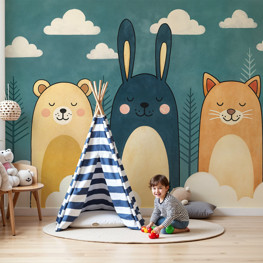 Forest animals mural wallpaper in modern nursery with cute woodland creatures by Kids-Mundo
