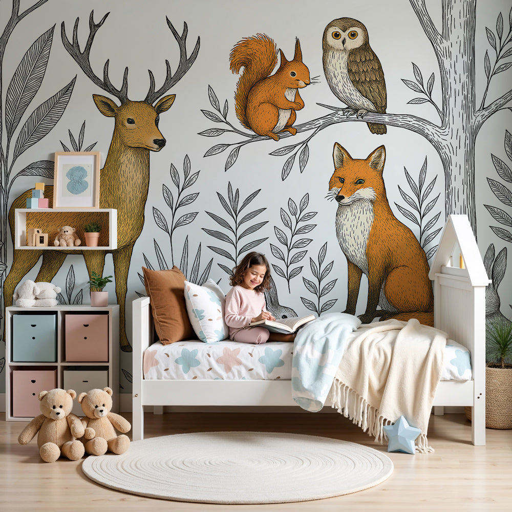 Forest animals mural wallpaper creating peaceful woodland nursery decor by Kids-Mundo