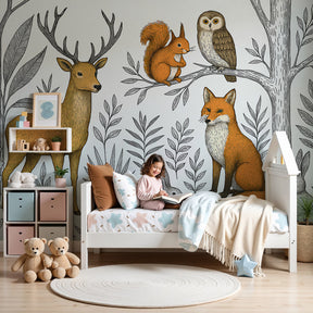 Forest animals mural wallpaper creating peaceful woodland nursery decor by Kids-Mundo