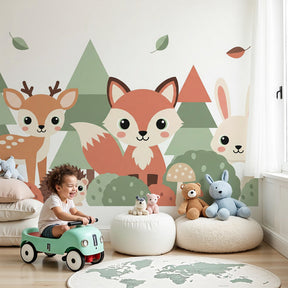 Forest animals mural wallpaper featuring woodland creatures in cozy nursery setting by Kids-Mundo