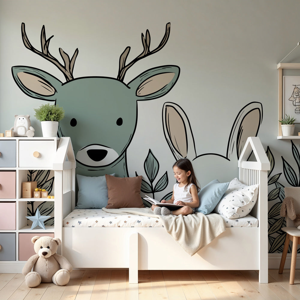 Forest animals mural wallpaper featuring deer and rabbit in modern nursery setting by Kids-Mundo