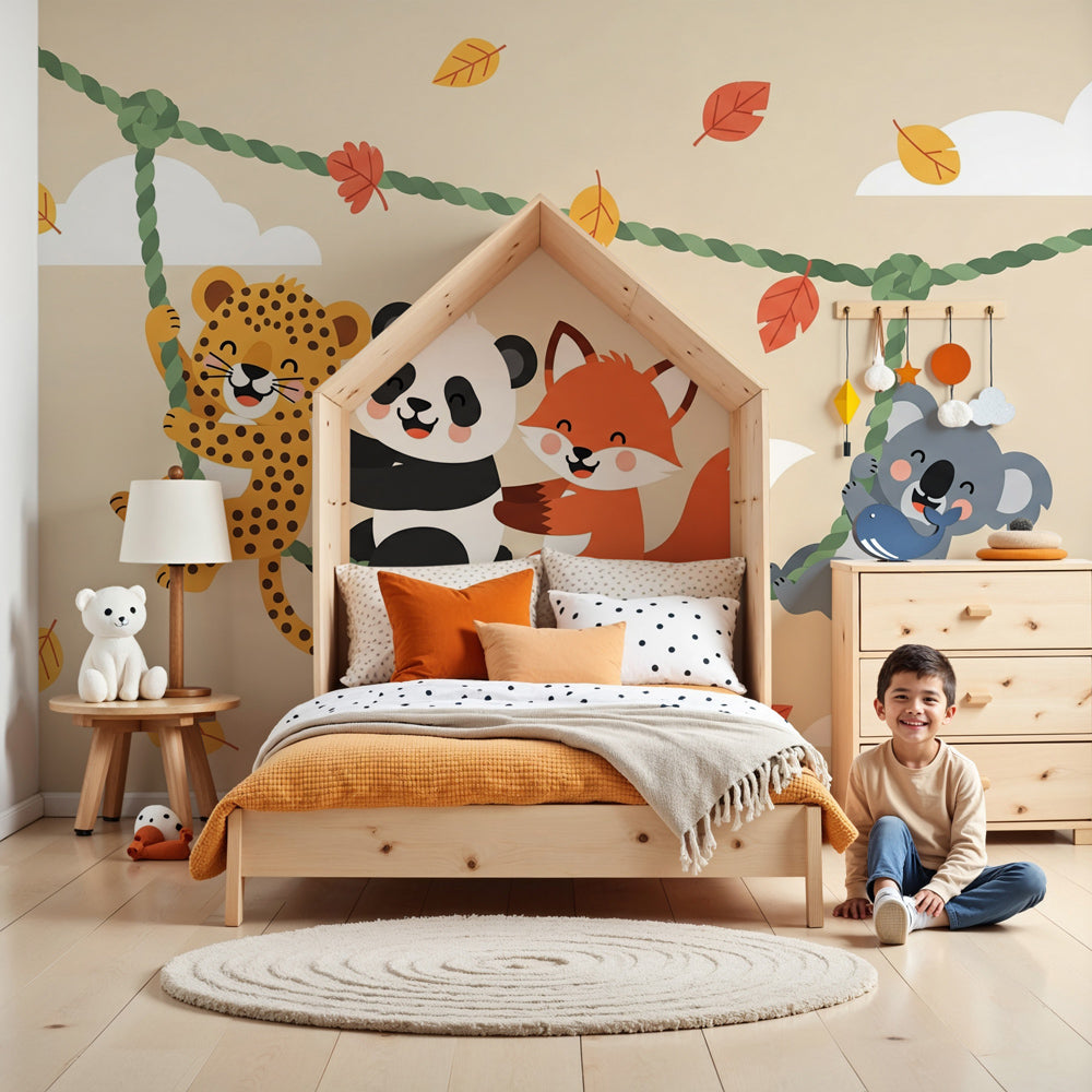 Forest animals mural wallpaper in modern nursery with woodland creatures swinging on rope by Kids-Mundo