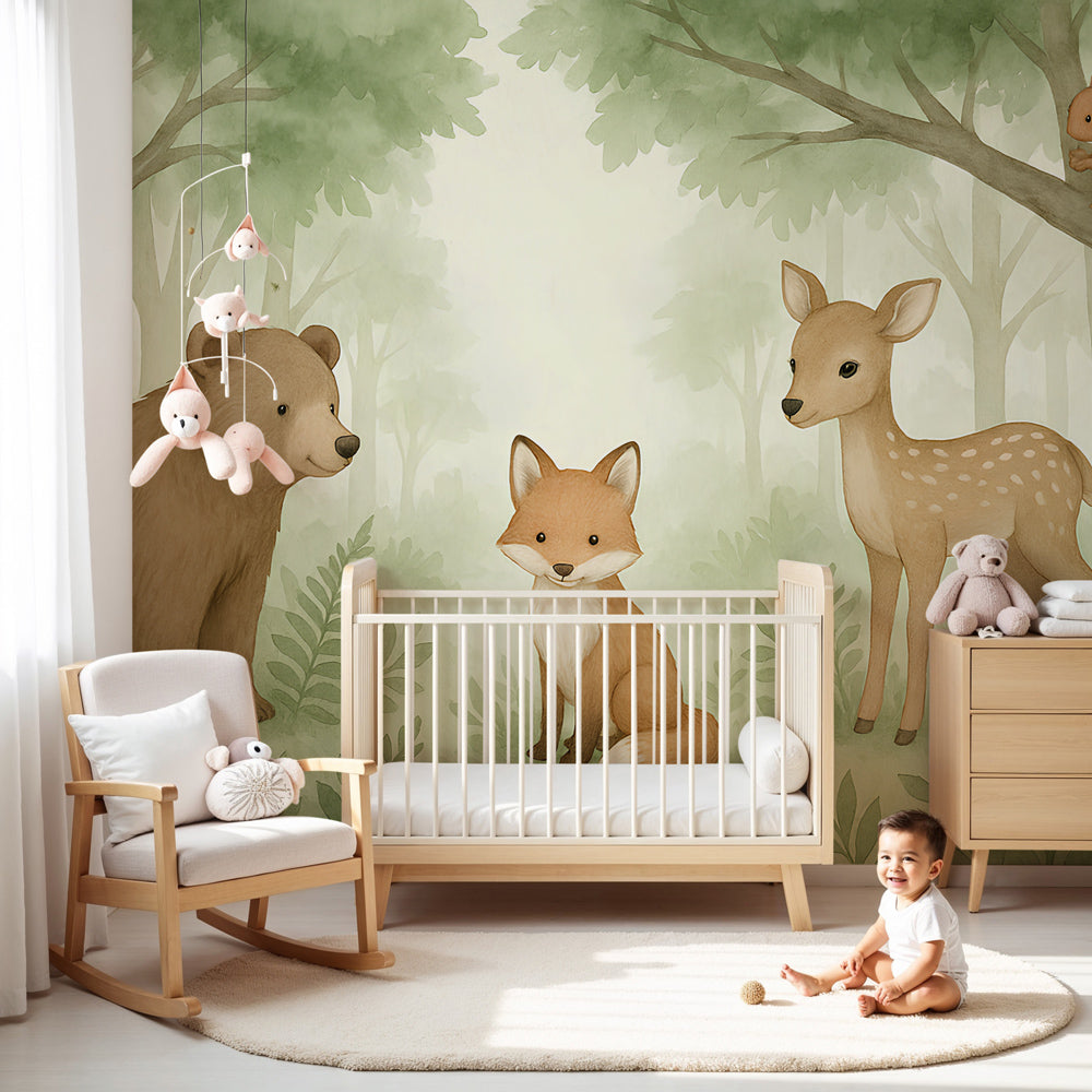 Forest animals mural wallpaper creating peaceful woodland nursery with natural wood crib by Kids-Mundo