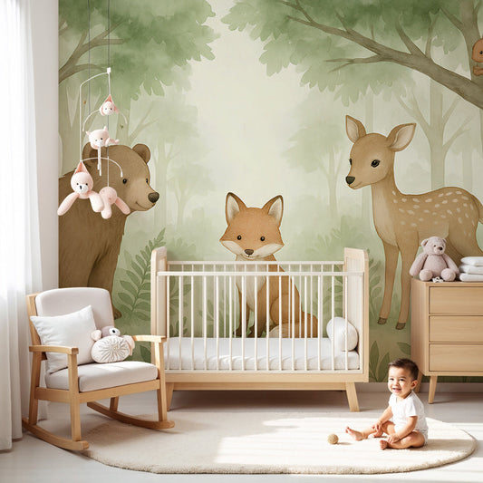 Forest animals mural wallpaper creating peaceful woodland nursery with natural wood crib by Kids-Mundo