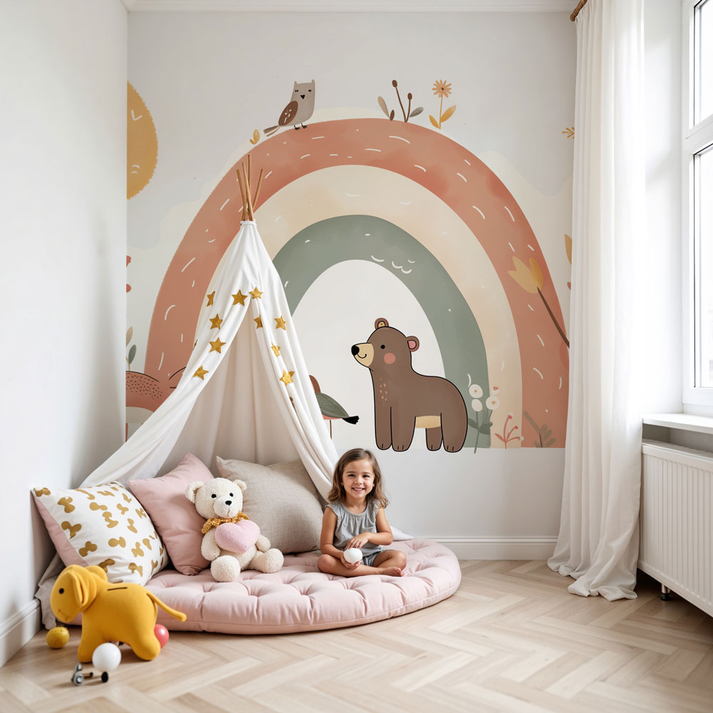 Forest animals mural wallpaper with pastel rainbow in cozy baby nursery by Kids-Mundo