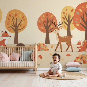 Forest animals mural wallpaper with autumn colors creating magical nursery decor by Kids-Mundo