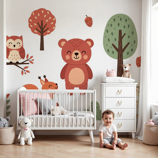 Forest animals mural wallpaper creating magical woodland nursery decor with bear owl squirrel rabbit by Kids-Mundo