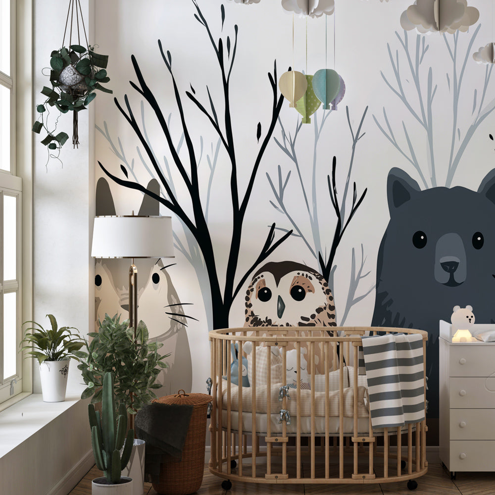 Children's forest animals wallpaper in bright playroom setting with woodland theme by Kids-Mundo