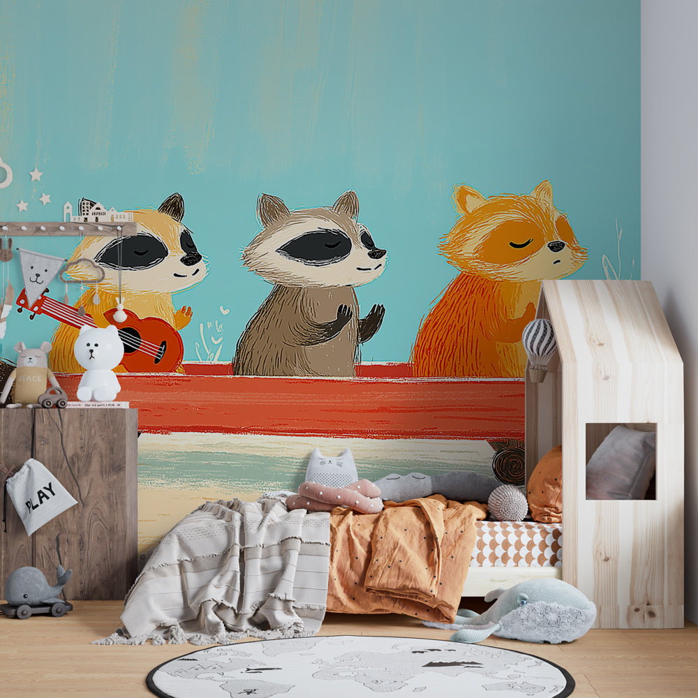 Musical forest friends wallpaper transforming children's playroom into woodland concert hall