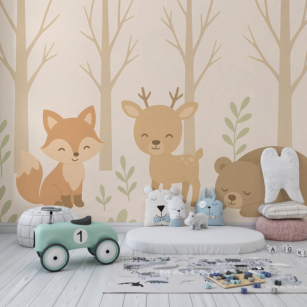 Cute forest animals wallpaper in children's playroom with beige and brown woodland theme