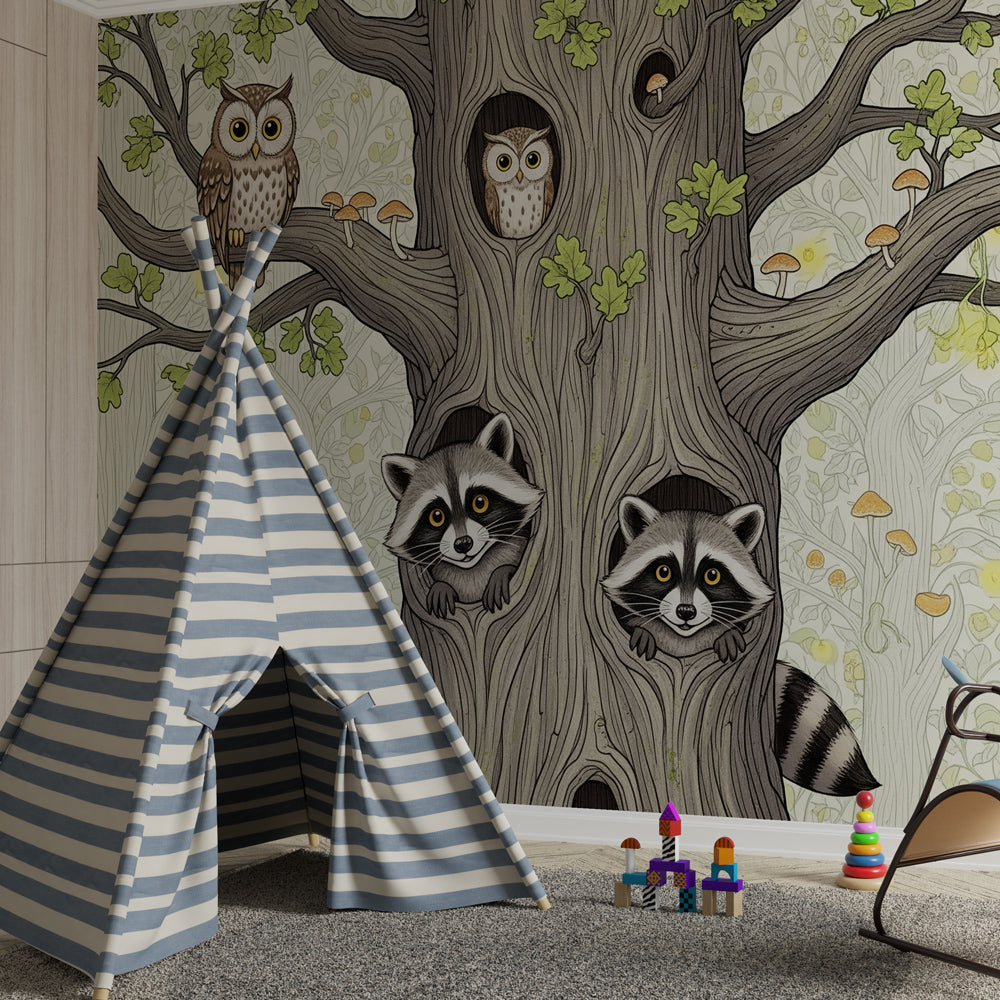 Forest animals themed mural wallpaper creating magical woodland atmosphere in kids playroom