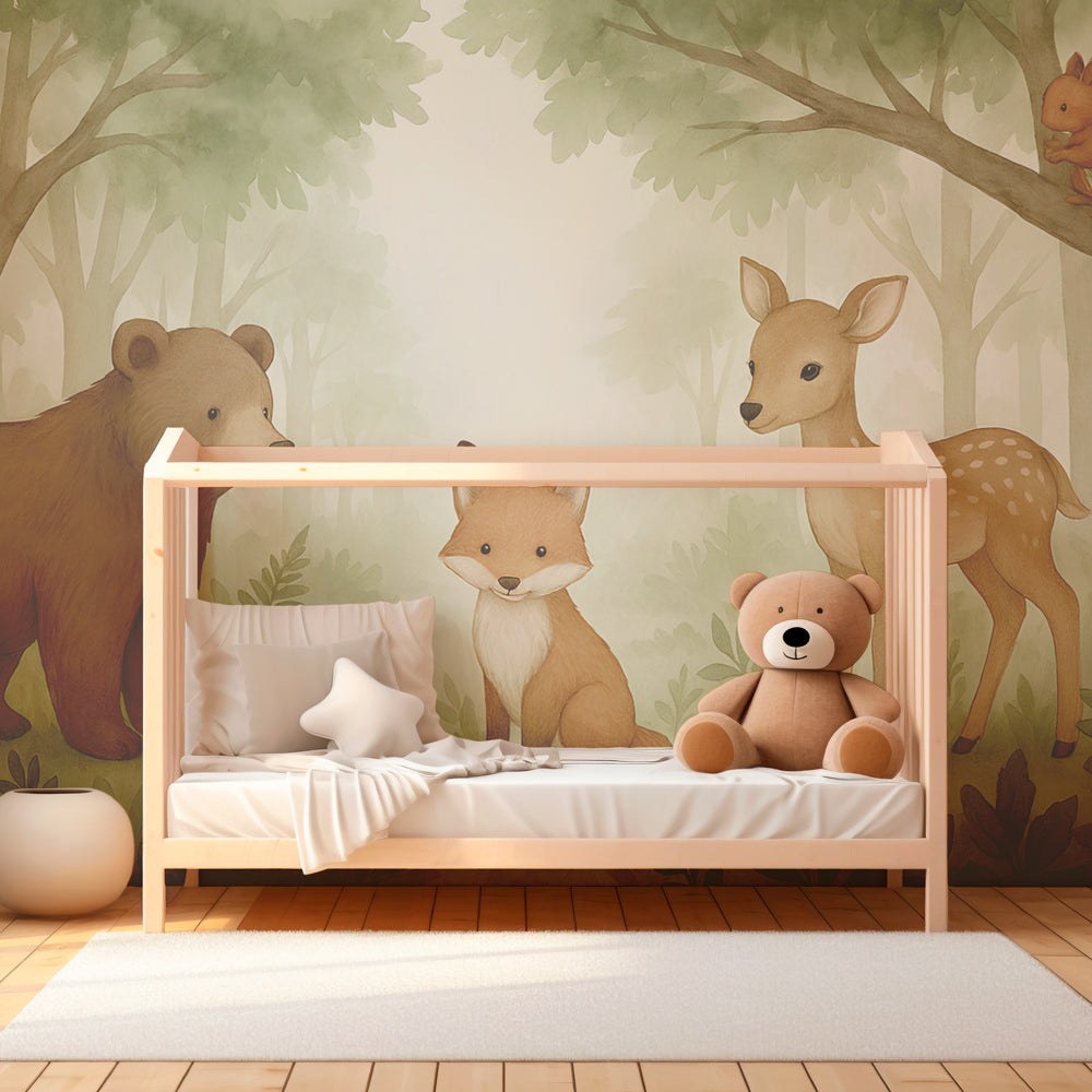 Soft pastel forest animals mural wallpaper in children's playroom with natural toys and decor