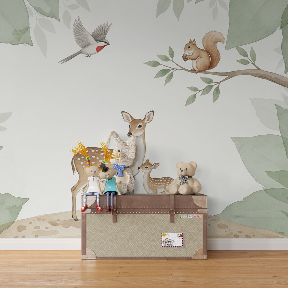 Nature themed mural wallpaper featuring mother deer and fawn in kids playroom environment