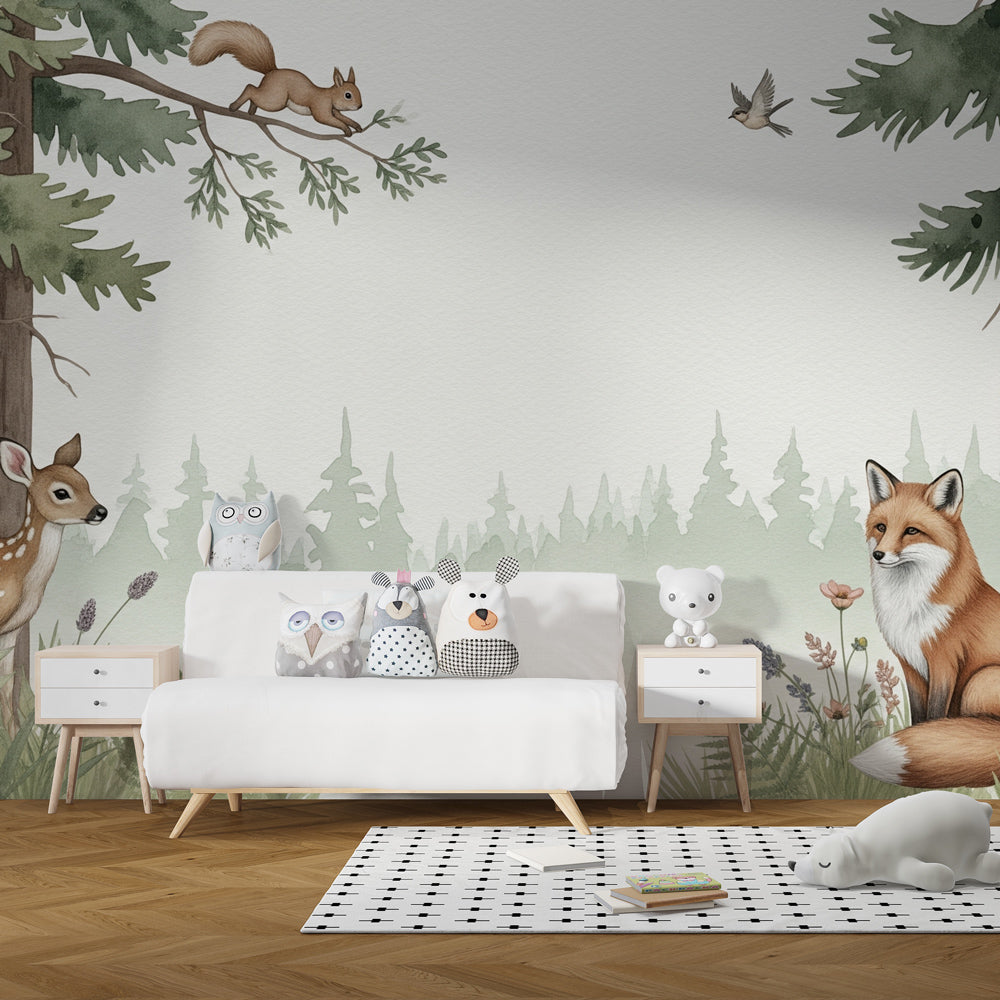 Forest animals wallpaper creating magical woodland atmosphere in kids playroom by Kids-Mundo