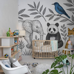Woodland animals mural wallpaper featuring fox and birds in children's playroom by Kids-Mundo
