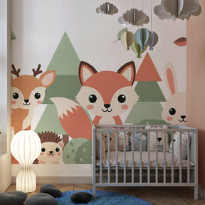 Gentle forest theme mural wallpaper transforming children's playroom with nature elements