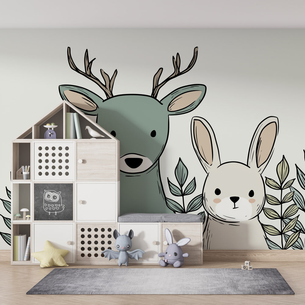 Nature-themed mural wallpaper with forest animals perfect for kids playroom by Kids-Mundo