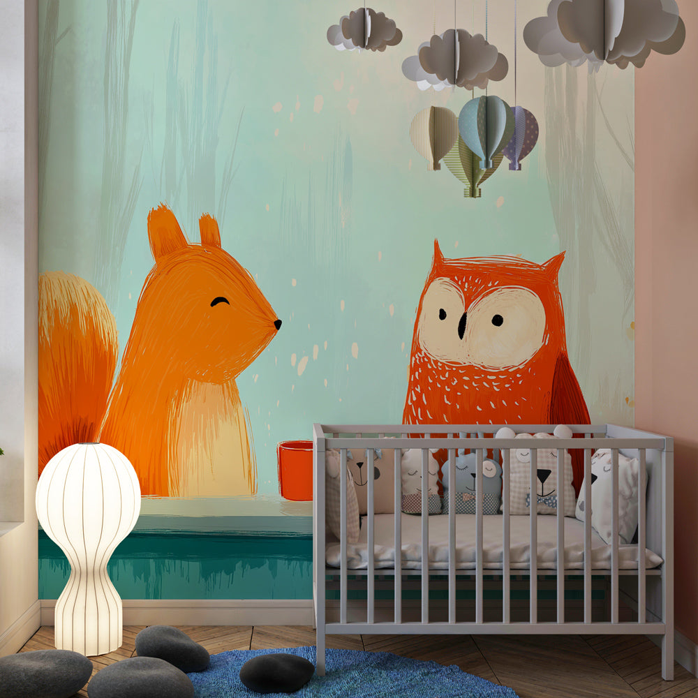 Autumn woodland animals wallpaper transforming kids playroom into enchanted forest space
