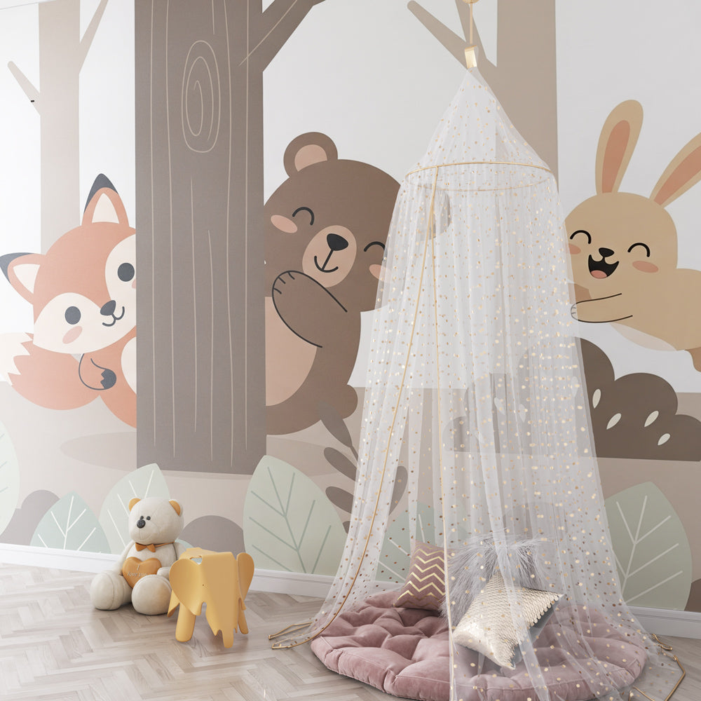 Playful forest animals mural wallpaper transforming kids playroom into woodland adventure space
