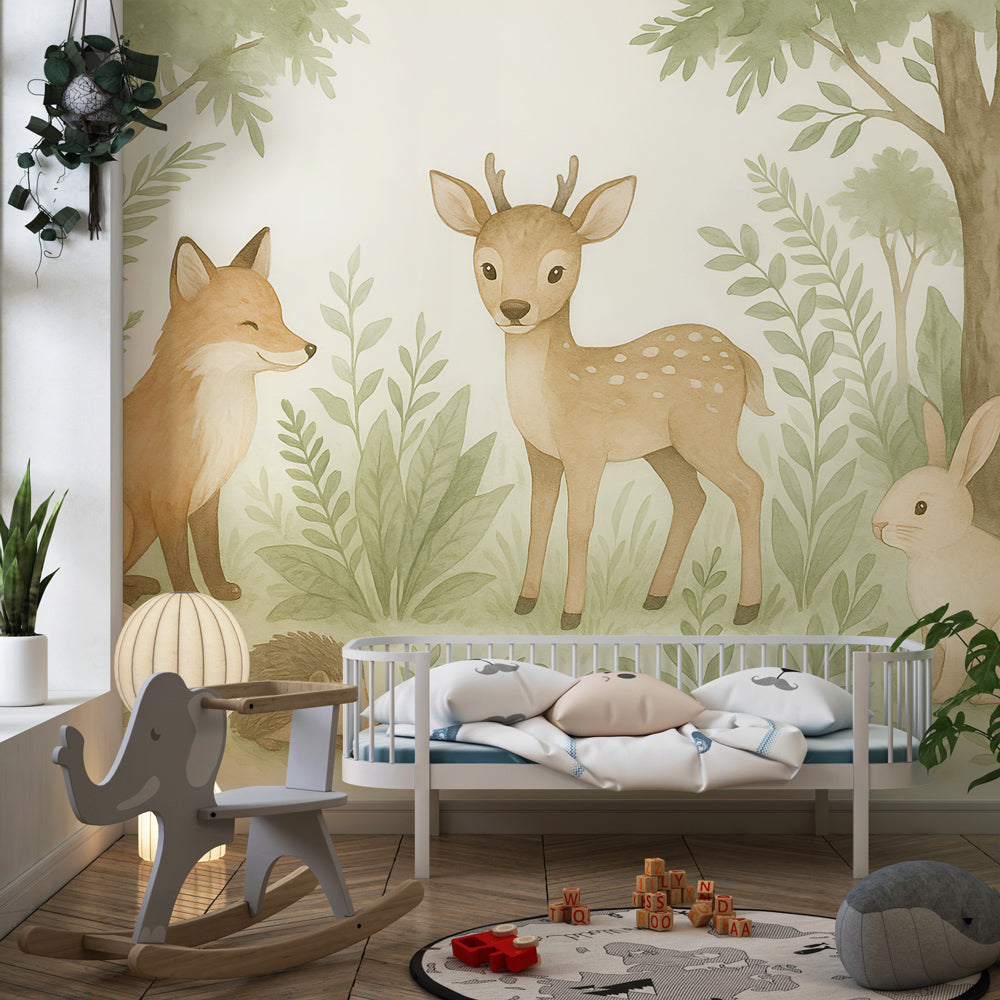 Forest animal themed mural wallpaper in children's playroom with soft pastel colors