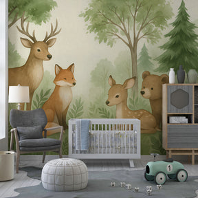 Nature themed forest animals wallpaper transforming children's playroom into woodland sanctuary
