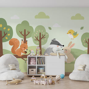 Forest themed mural wallpaper for children's playroom featuring badger rabbit and squirrel