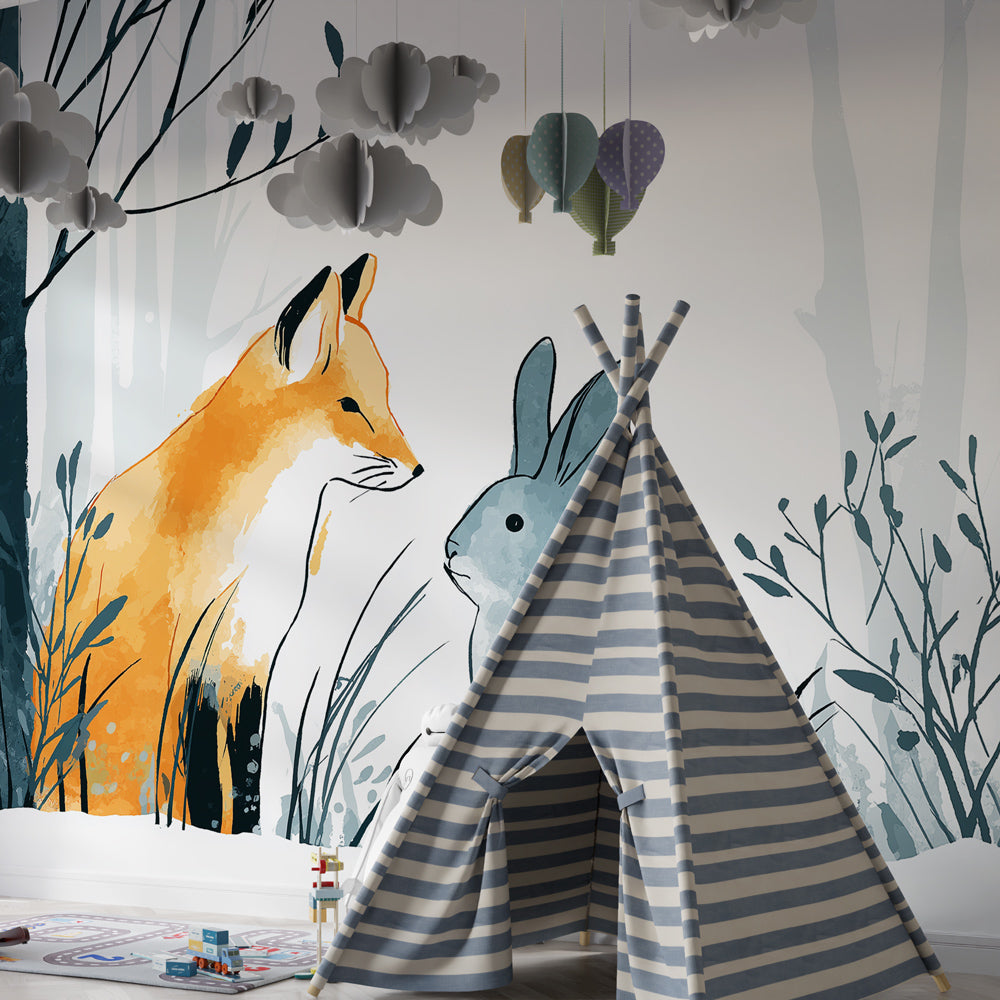Nature themed mural wallpaper featuring forest friends in bright kids playroom by Kids-Mundo