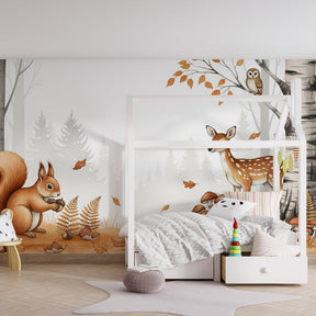 Woodland animals wallpaper creating cozy playroom atmosphere with natural wood furniture by Kids-Mundo