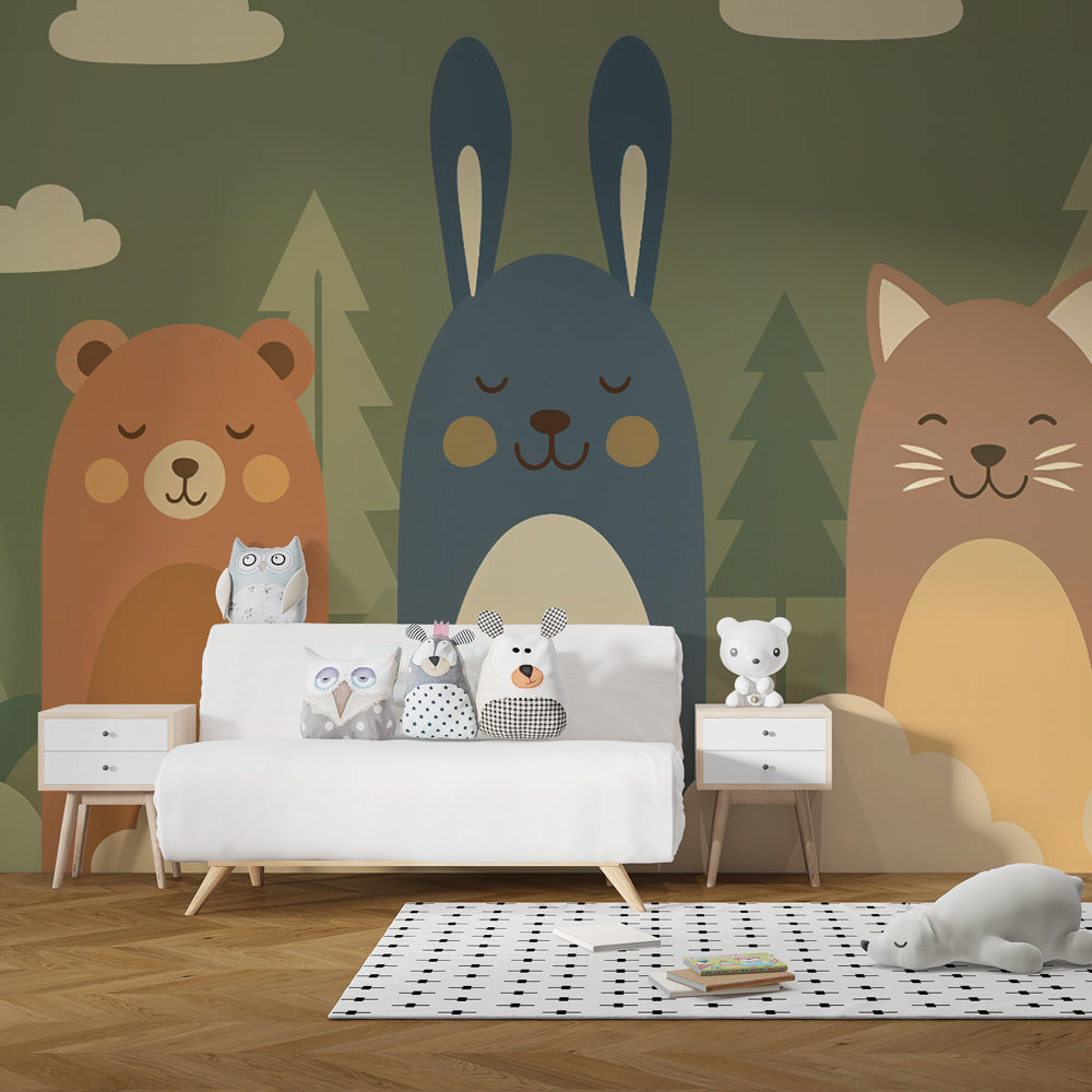 Whimsical forest animals wallpaper transforming children's playroom into magical woodland space