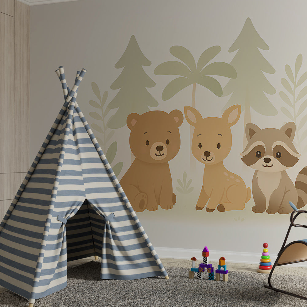 Gentle forest creatures mural wallpaper transforming playroom into woodland adventure space