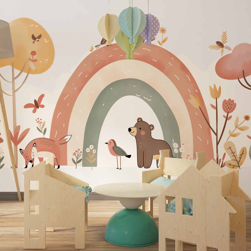 Pastel forest animals mural wallpaper transforming playroom into woodland sanctuary