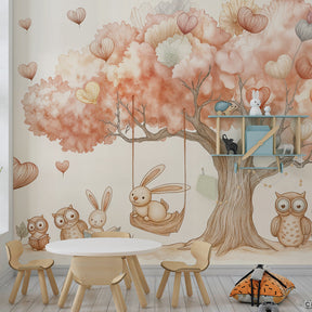 Children's forest animal wallpaper featuring owls and rabbits in bright playroom setting