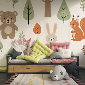 Sage green forest animals wallpaper transforming kids playroom into woodland sanctuary
