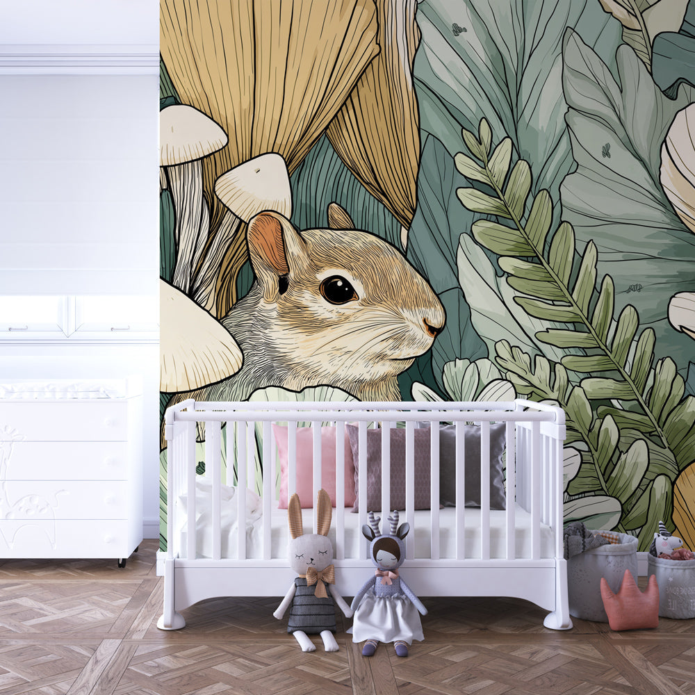 Forest themed mural wallpaper with cute rodent character for kids playroom decor