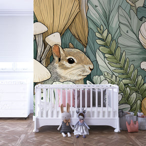 Forest themed mural wallpaper with cute rodent character for kids playroom decor
