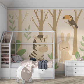 Forest theme mural wallpaper in children's playroom featuring zebra rabbit and toucan