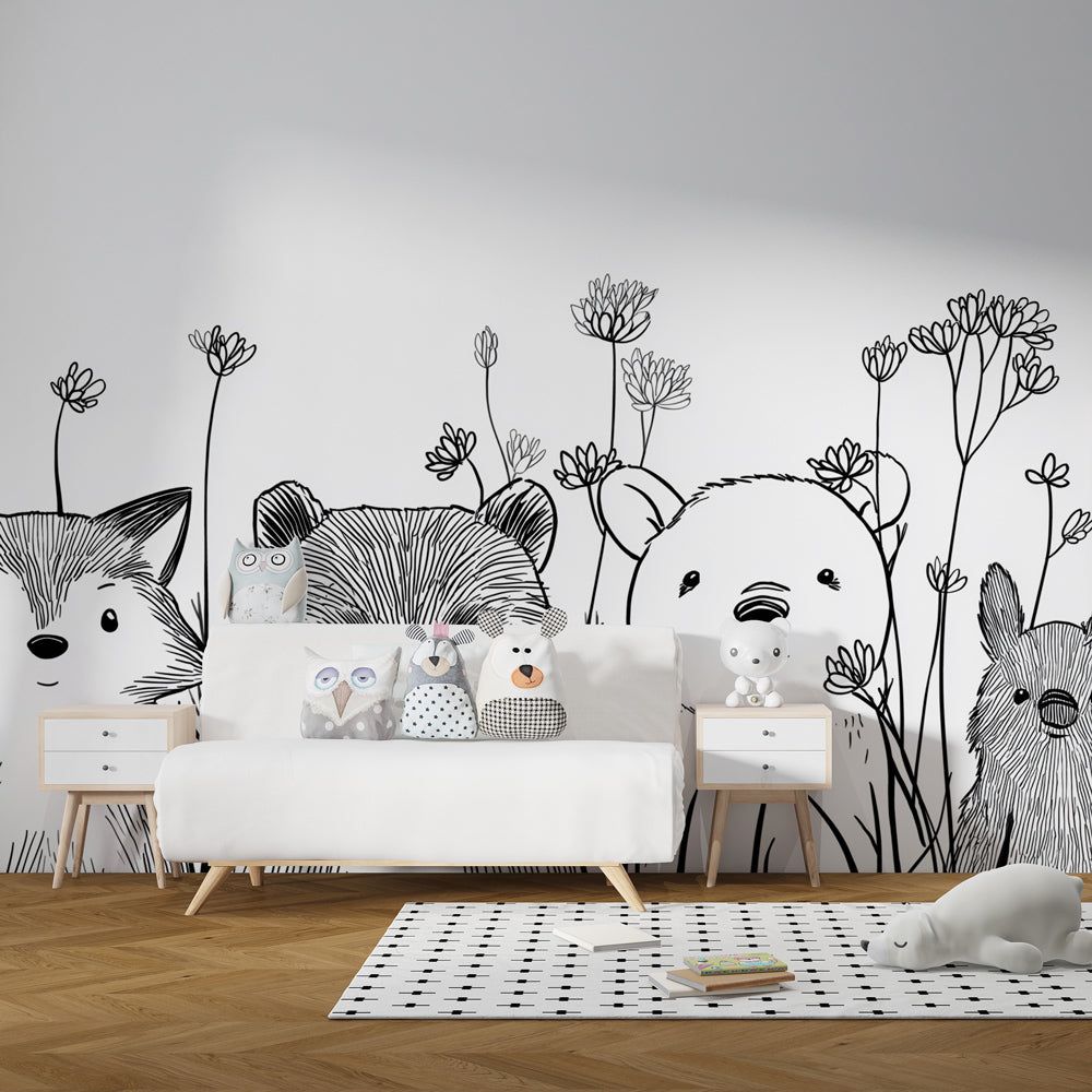 Cute animal wallpaper transforming kids playroom with monochrome forest theme by Kids-Mundo