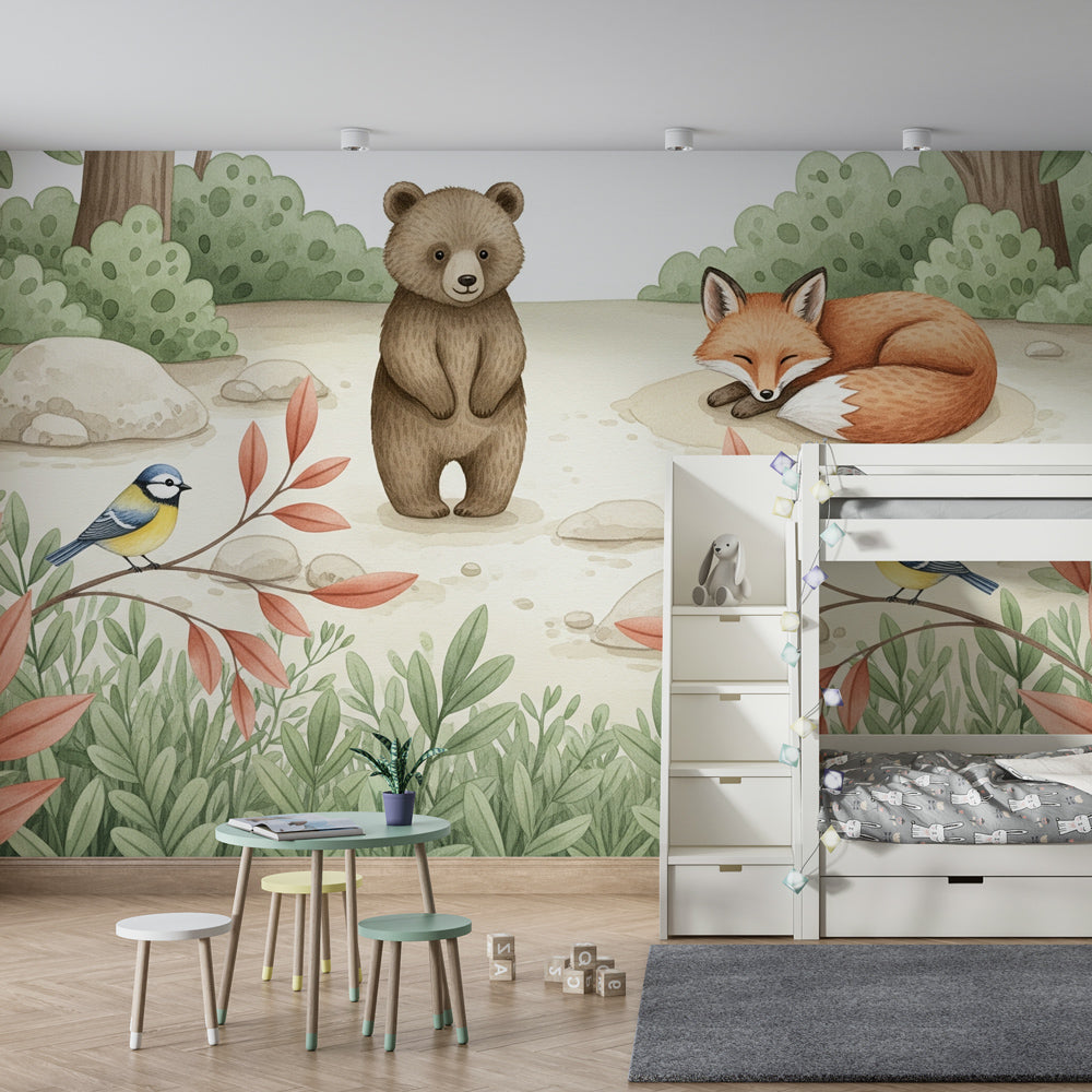 Bear and fox woodland mural wallpaper transforming kids playroom into forest sanctuary