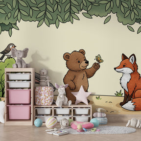 Forest themed mural wallpaper transforming children's playroom into woodland adventure space