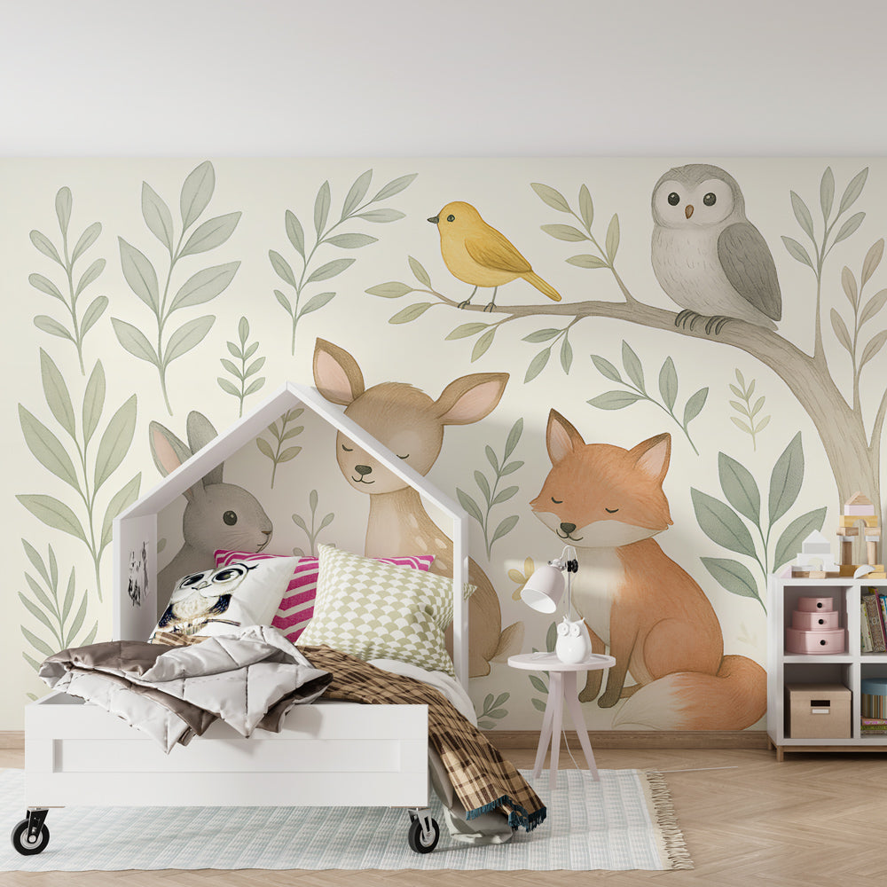 Soft pastel forest animals mural wallpaper in cozy children's playroom setting